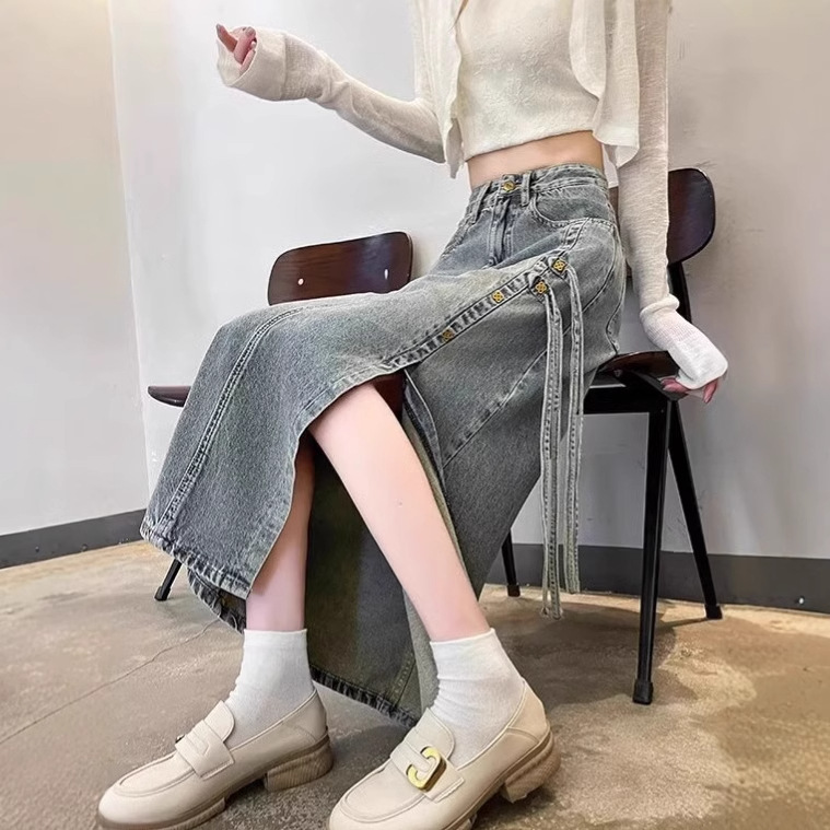 Guofeng High Waist Split Mid-length A- line Hip Skirt 2025 New Spring New Chinese Denim Skirt for Women