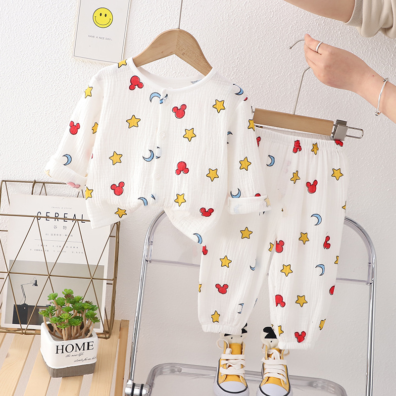 New Homecoming Clothes for Boys, Double-layer Cotton Fabric Ultra Cute Pajamas Air Conditioning Clothes, Baby Spring and Summer Girls' Leisure Set