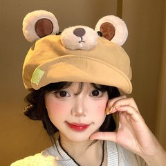 可爱小熊耳朵翻檐贝雷帽女显脸小云朵八角帽大头围报童画家帽子