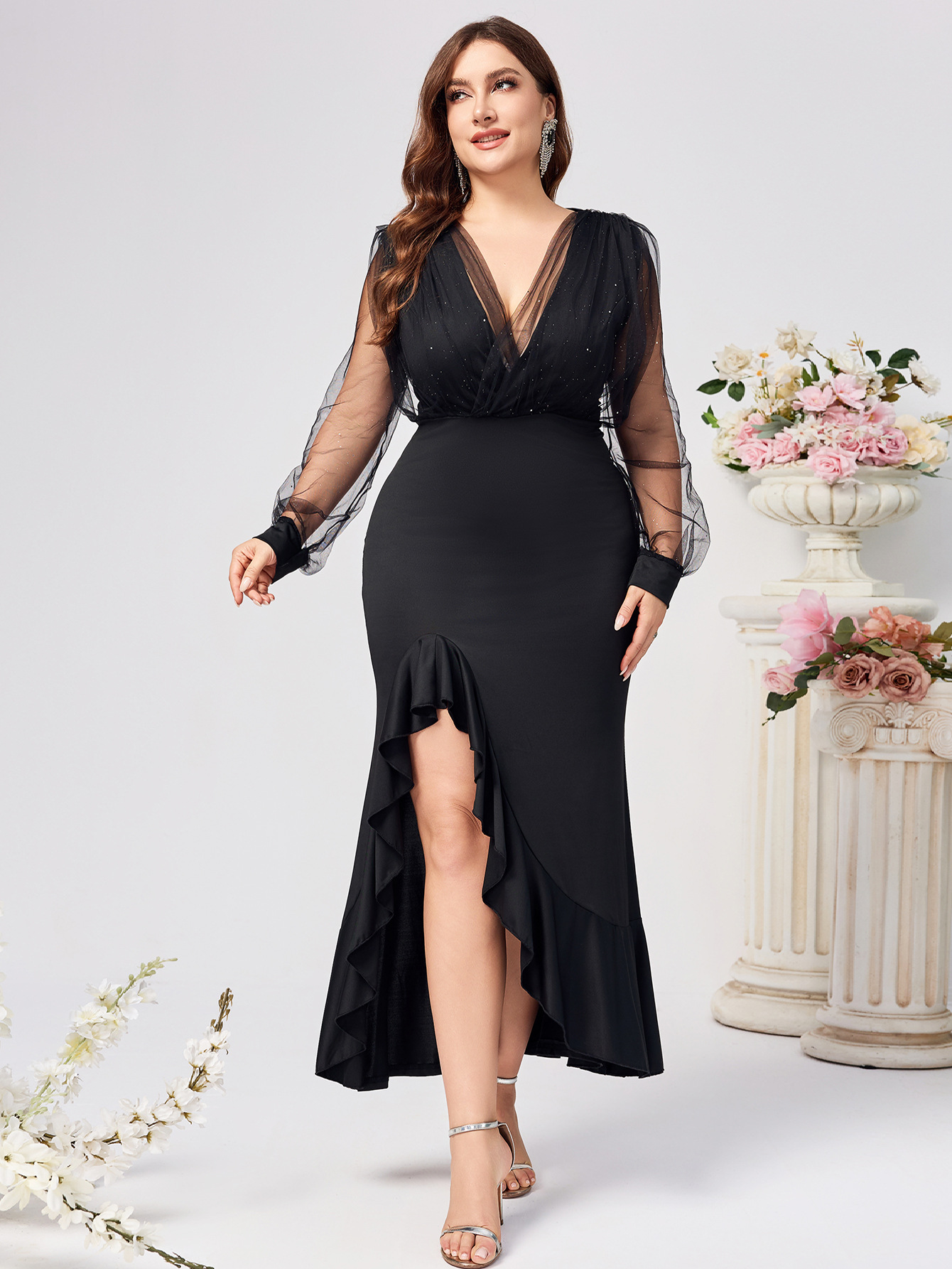 Europa y los Estados Unidos comercio exterior transfronterizo exclusivo para V-collar malla manga desear Amazonas temperamento elegante vestido de mujer grande