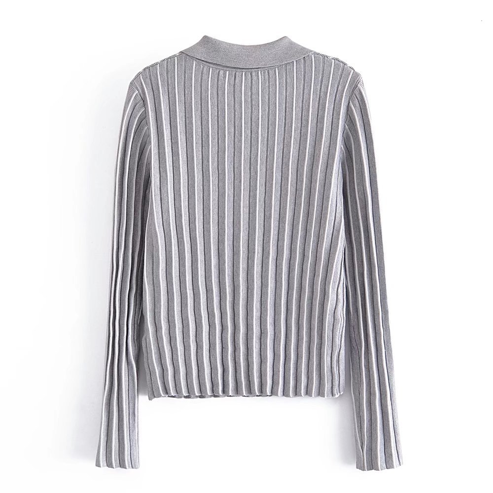 Long Sleeve Slim Lapel Striped Knitted Top NSAM115616