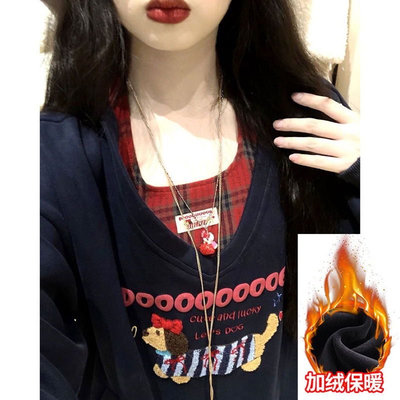 日系学院风刺绣腊肠狗V领连帽卫衣格纹挂脖内搭两件套女春秋宽松|undefined