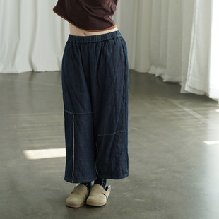 Original Winter Warm Cotton Linen Denim Straight Leg Pants Ankle-length Pants Retro Nostalgic Thickened Cotton Pants Boot Pants K24417