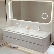 新款双盆奶油风可丽耐一体盆橡木浴室柜组合卫生间圆弧洗手洗脸盆