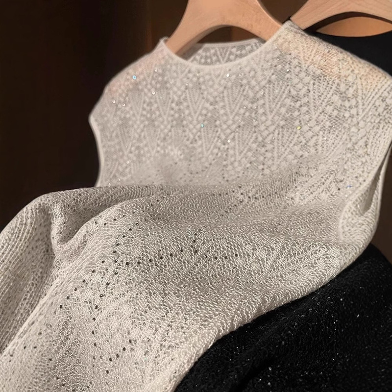 European-Style Diamond-Embellished Crochet Hollow-Out Mesh Top, Organza Knitwear, Summer Solid Color Wool Round-Neck Short-Sleeve T-Shirt for Women