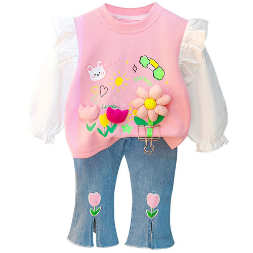 Girls lace sleeve suit long-sleeved spring style princess fashion  baby girl children spring and autumn fashionable Korean version