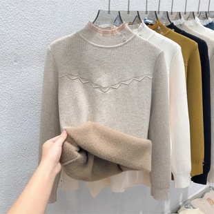 fleece-lined Thickened Sweater Women's Spring and Autumn Half-high Collar One-piece Velvet Base Shirt 2023 New Explosions High-end Good-looking