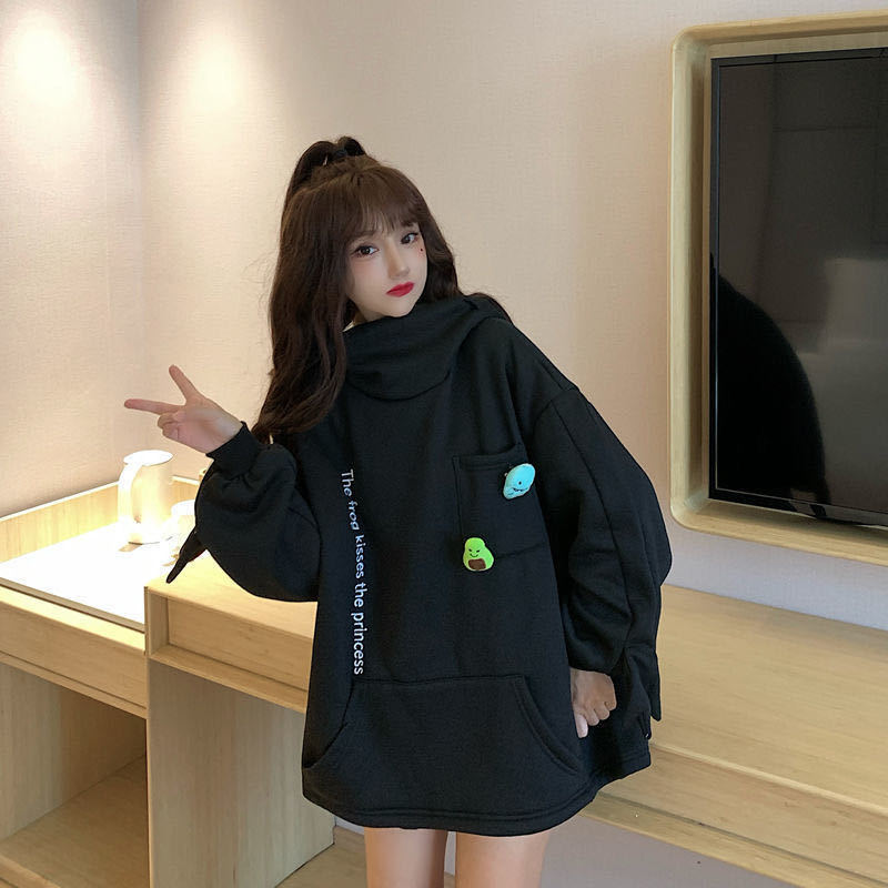 2024 New Sweater Women's Frog Velvet Thickened Design Hooded Casual Melody Windmill Spring Trend Loose