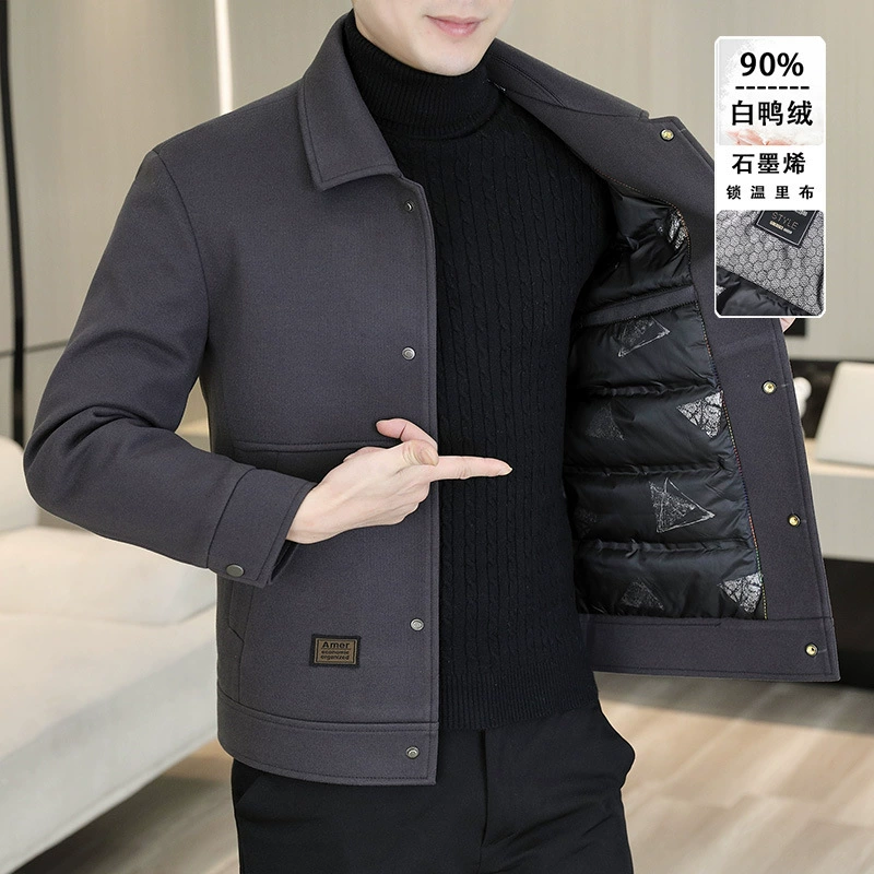 Мужское красивое повседневное шерстяное пальто с отворотом, зимний теплый пуховик, зимняя куртка, % белый утиный пух