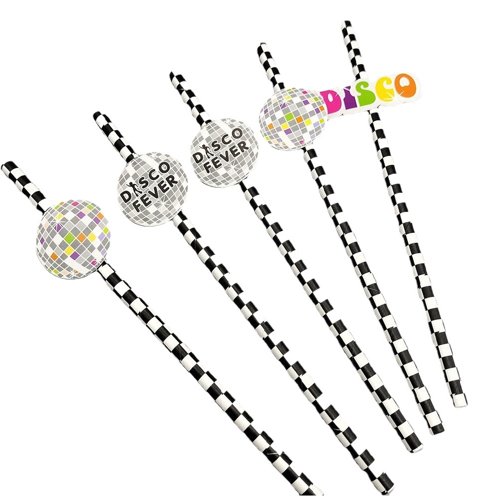 En stock tarjeta desechable paja de papel de disco música bar cóctel fiesta postre pastel decoración paja