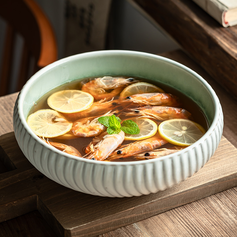 Tacos de cerámica en relieve gruesos prácticos, platos retro domésticos, tazones de verduras, tazones de sopa de gran capacidad, tazones de frutas