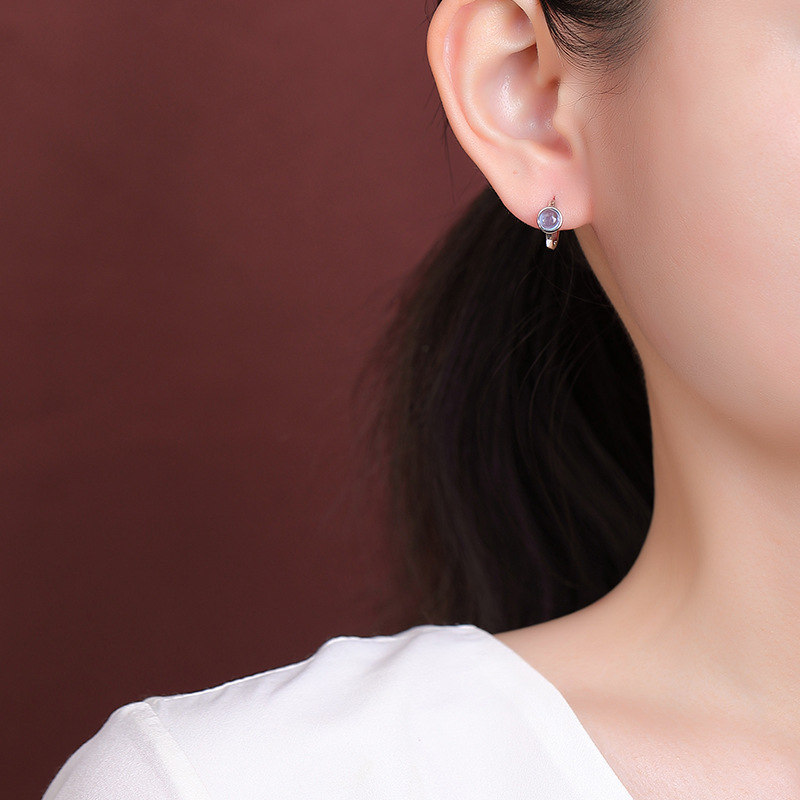 Bông tai bạc S925 hình tròn đính đá sapphire biển phong cách hình học — Một cặp