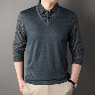 Dad's long-sleeved T-shirt autumn middle-aged men's fake two-piece men's shirt middle-aged and elderly striped grandpa bottoming shirt