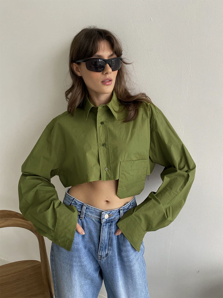 solid color Asymmetric stitching crop shirt NSSQS135790