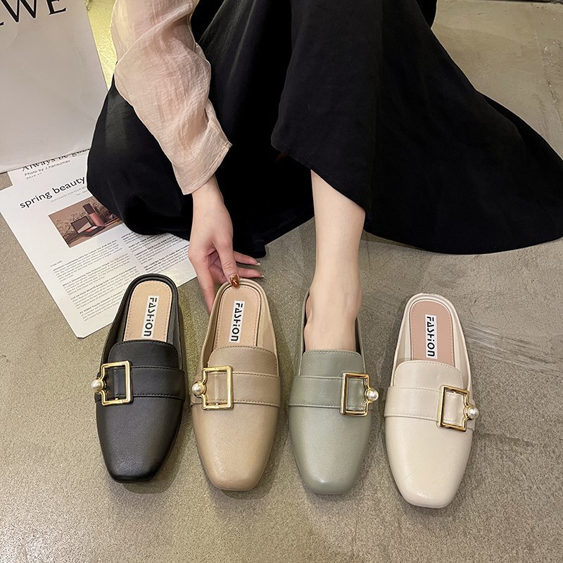 新时尚韩版女拖鞋方头肤色sgs超纤低帮厚底现货漆面包头女鞋单鞋