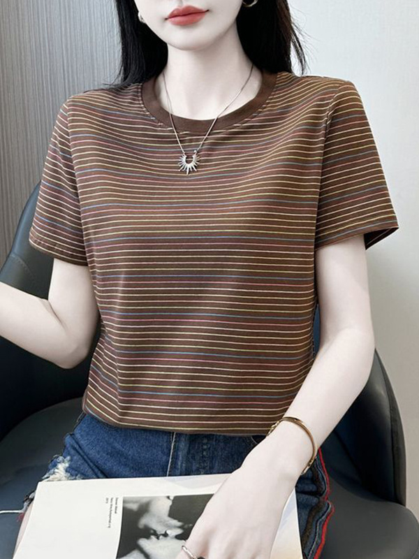 棉质条纹短袖t恤女2025新款夏季正肩宽松显瘦圆领高端半袖体恤衫|undefined