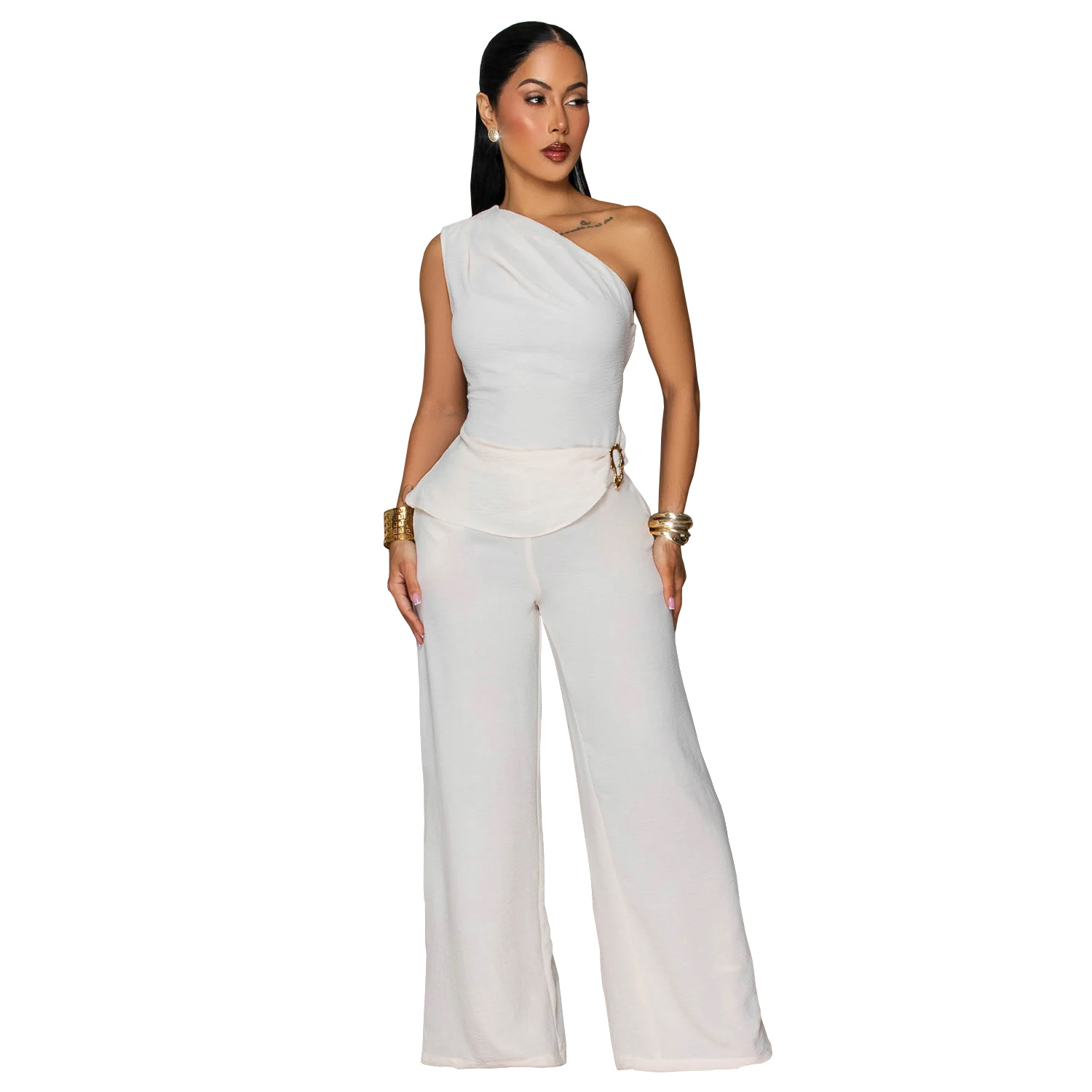 C7736 Aliexpress transfronterizo Amazon 2026 nueva ropa de mujer casuales de color sólido blusa de hombro inclinada pantalones largos dos piezas