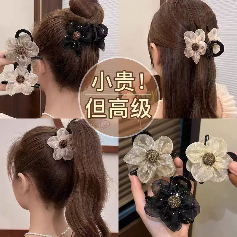 오간자 망사 꽃 모양 헤어핀 여성용 신상품 물방울 다이아몬드 뒷머리 샤크클립 머리장식 동백꽃