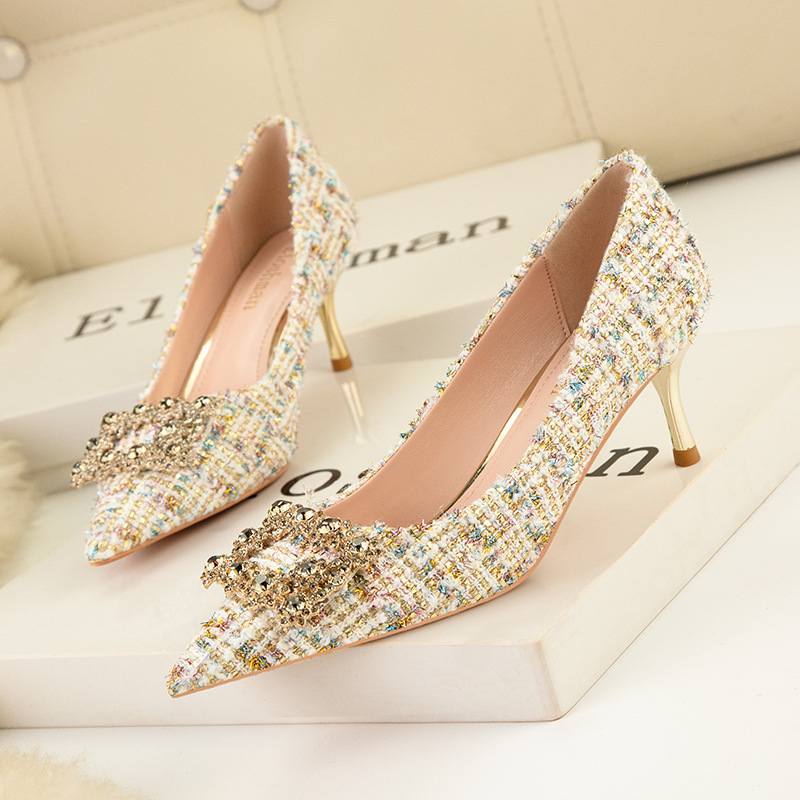 Fashion sexy slim high heels slim heels High heels shallow-cut pointe sparkling rhinester buckle women's single shoes_voghion.com