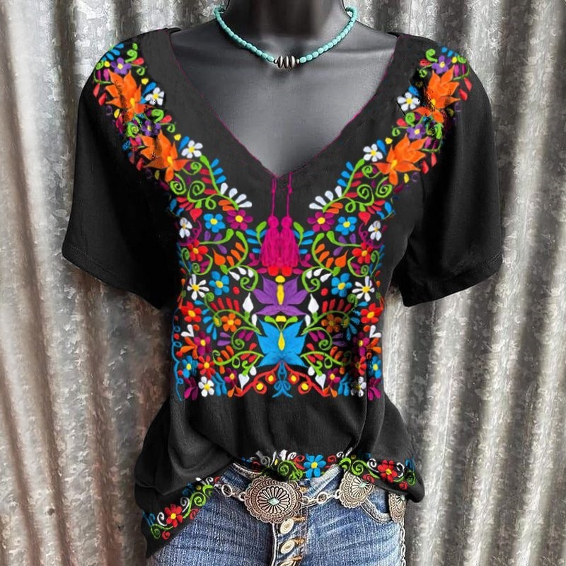 2025欧美亚马逊春夏新款复古上衣波西米亚印花V领休闲短袖T恤女
