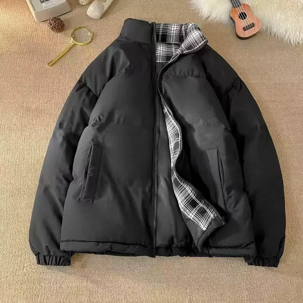 Quilted plaid patchwork cotton jacket for men and women, autumn and winter cleanfit stand-up collar couple's coat, American retro baseball jacket