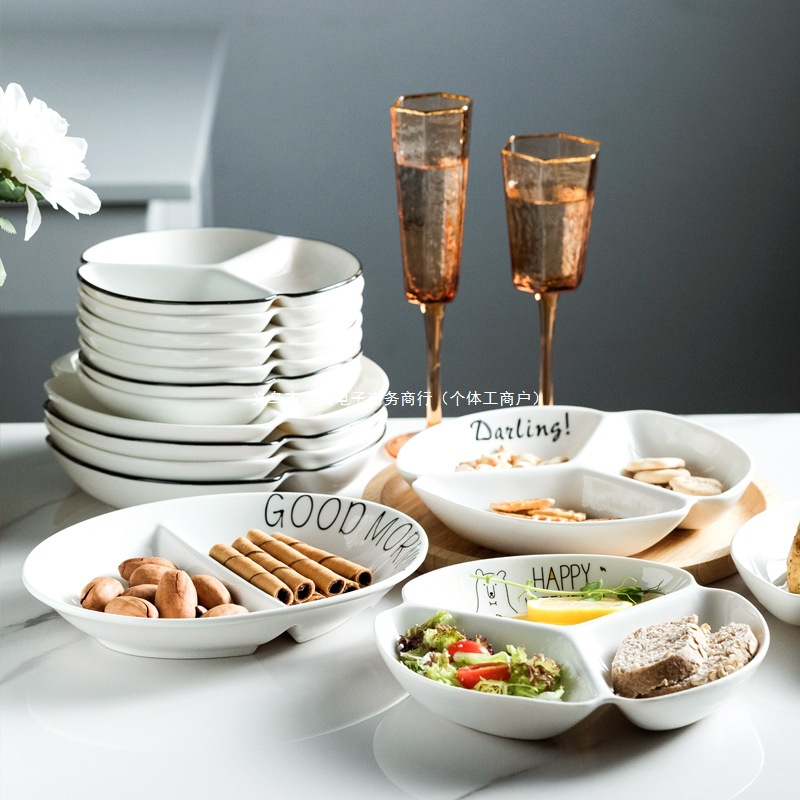 Multi-Compartment Fat-Reducing Quantitative Serving Plate, Multi-Compartment Household Two-Compartment Ceramic Tableware, Fruit Breakfast Plate, Three-Compartment Dish