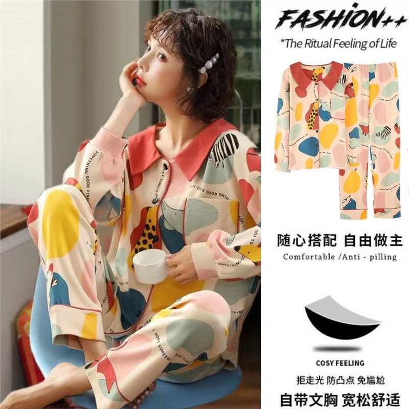 100% algodón puro pijamas de una pieza con almohadilla de pecho de primavera y otoño de las mujeres pantalones de manga larga en línea rojo nuevo estilo coreano se puede usar fuera del traje