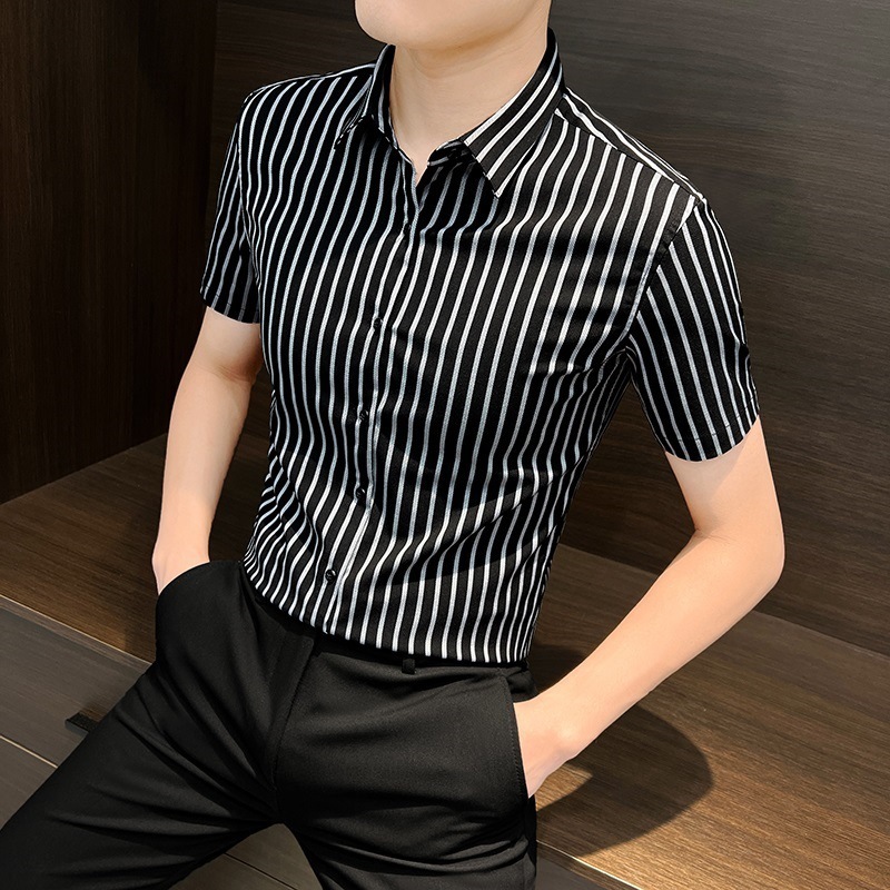 夏薄いハイエンドストライプ半袖アイスシルクシャツメンズ新しいファッショントレンディなブランド紳士服ビジネススリムシャツ|undefined