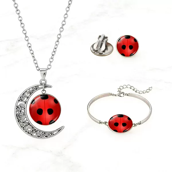 Cross-Border Hot-Selling Ladybug Time Gemstone Moon Necklace Personalized Bracelet, Earrings, and Pendant Three-Piece Jewelry Set Wholesale