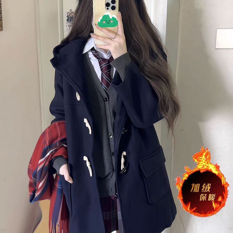 Horn Button Uniform Jk Coat Autumn and Winter New Petite Mid-Length Japanese Wool Coat College Fleece-Lined