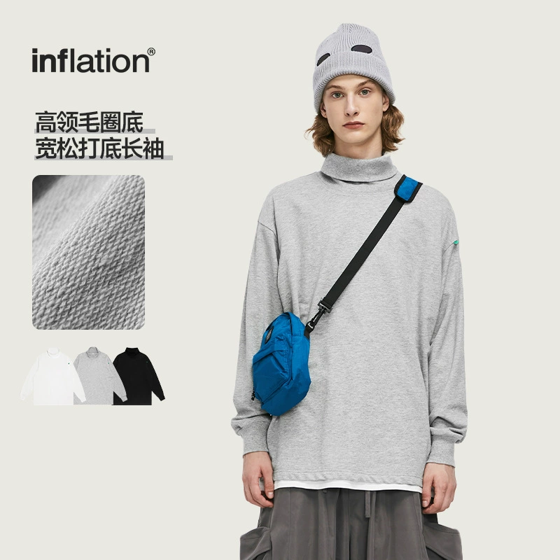 INF мужская одежда | с высоким воротником махрового нижнего свободного дна с длинными рукавами 2024 осень и зима новый продукт прилив уличной сплошной цвет футболки мужчины