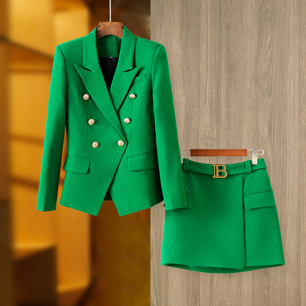欧美风草绿色修身版西装上衣金属扣A 字半裙时尚两件套跨境热套裙
