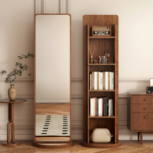Rotating Dressing Mirror, Full-Body Floor-To-Ceiling Mirror, Home Bedroom Multi-Functional Bookshelf Storage Integrated Fitting Mirror, Retro Mirror