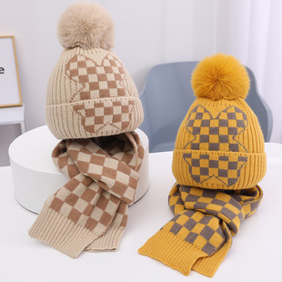 Winter Hat and Scarf Set for Older Children, Warm Pure Cotton Lining, Woolen Hat, Baby Two-Piece Hat Set, Thickened and Warm
