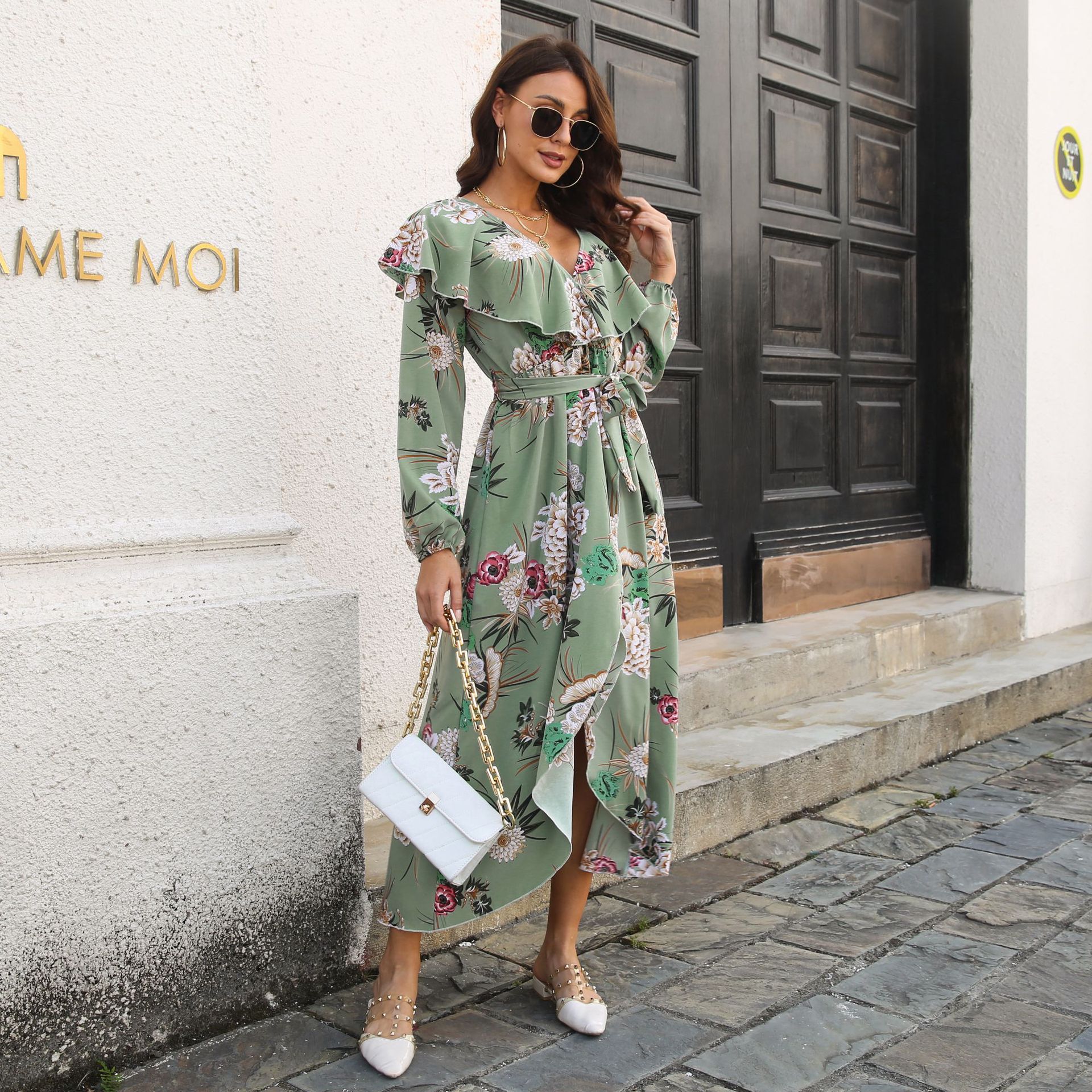 Ruffled Collar Lantern Sleeve Long Sleeve Dress Floral Wrap Split Expansion Maxi Dress Women Women Clothing 9 Ruffled Collar Lantern Sleeve Long Sleeve Dress Floral Wrap Split Expansion Maxi Dress Women Women Clothing