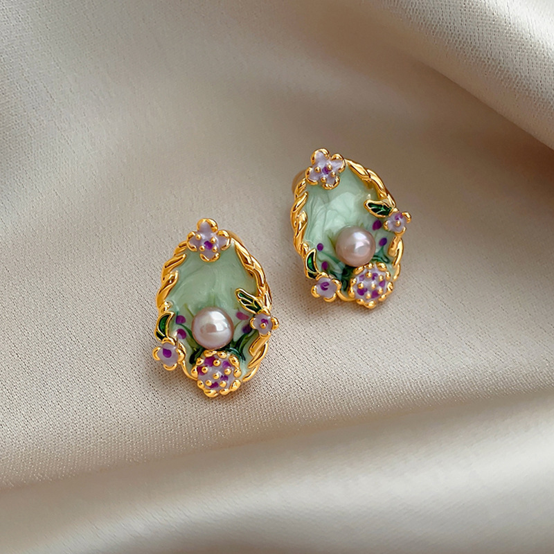Pendientes de flor con perla y aguja de plata, estilo elegante y retro