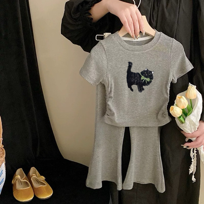 女童短袖套装夏季纯棉凉感卡通印花圆领宝宝洋气休闲喇叭裤两件套|undefined