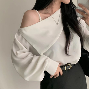 Early Autumn Design Slant Collar Suspender Off-Shoulder Large Lapel Loose Slimming Lantern Sleeve Chiffon Shirt for Women