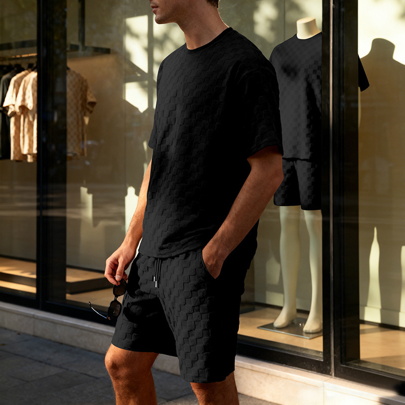 Muscle Doctor Men's Summer Jacquard Checkered Short Sleeve T-Shirt & Shorts Set, Loose Fit High Street Casual Outfit_viptrois.com