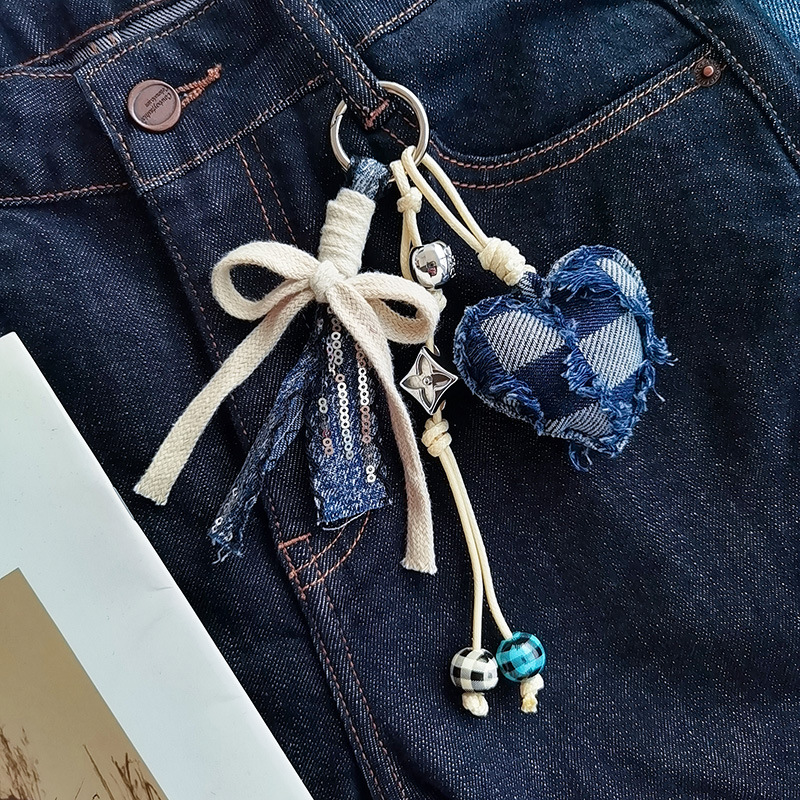 Sweet and Cool Heart Bag Pendant Keychain Mobile Phone Case Jeans Pendant Beaded Braided Bow Spring and Summer New Style