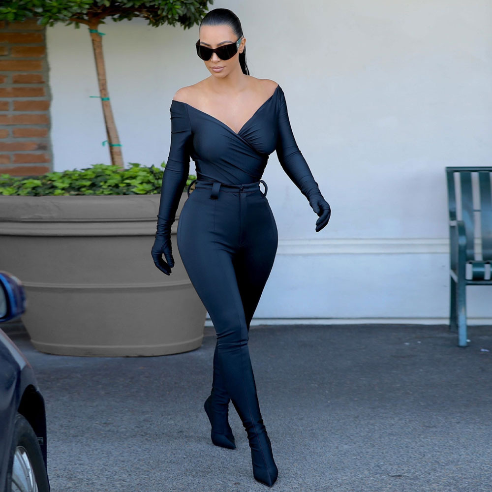 long-sleeved off shoulder deep V slim jumpsuit NSSMX112830