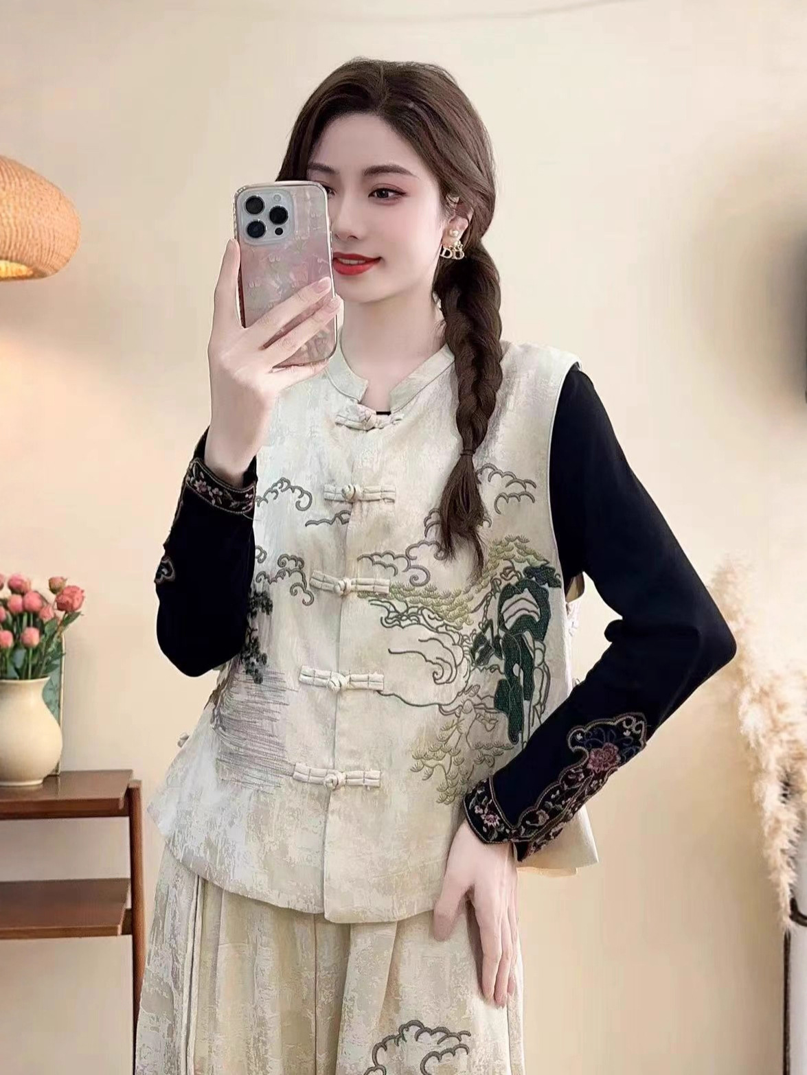 25 otoño nuevo estilo suelto damas cuello casual bordado paisaje estilo nacional cinturón de hombro hebilla chaleco sin mangas