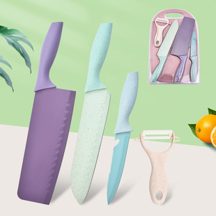 Factory in stock wholesale color straw five-piece set double-sided color card packaging with cutting board stainless steel knife suit