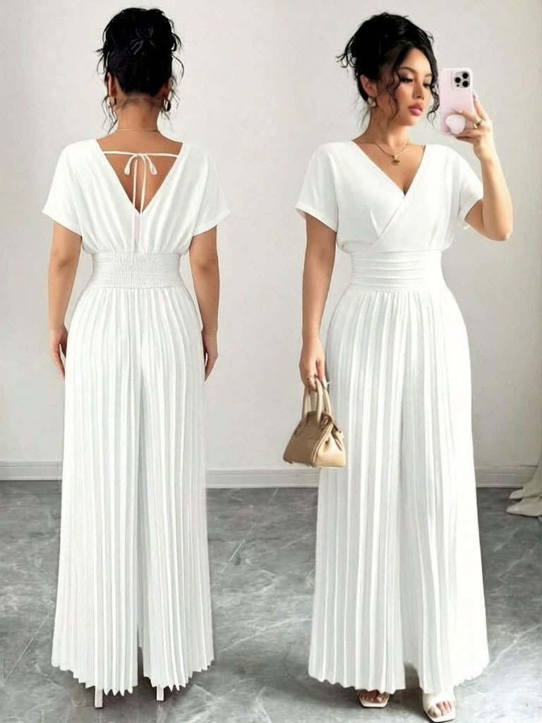 Importación y exportación de comercio exterior de 2025 estilo de viaje elegante color sólido cuello en V manga corta cintura doblada plátanos de piernas pantalones mujeres