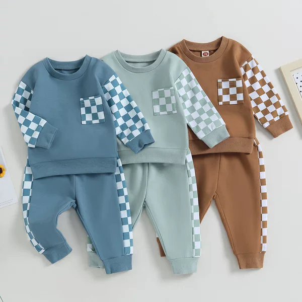 Aliexpress Autumn and Winter Boys' Plaid Patchwork Sweatshirt and Sweatpants 2-Piece Set Children's Fashion Suit European and American Style
