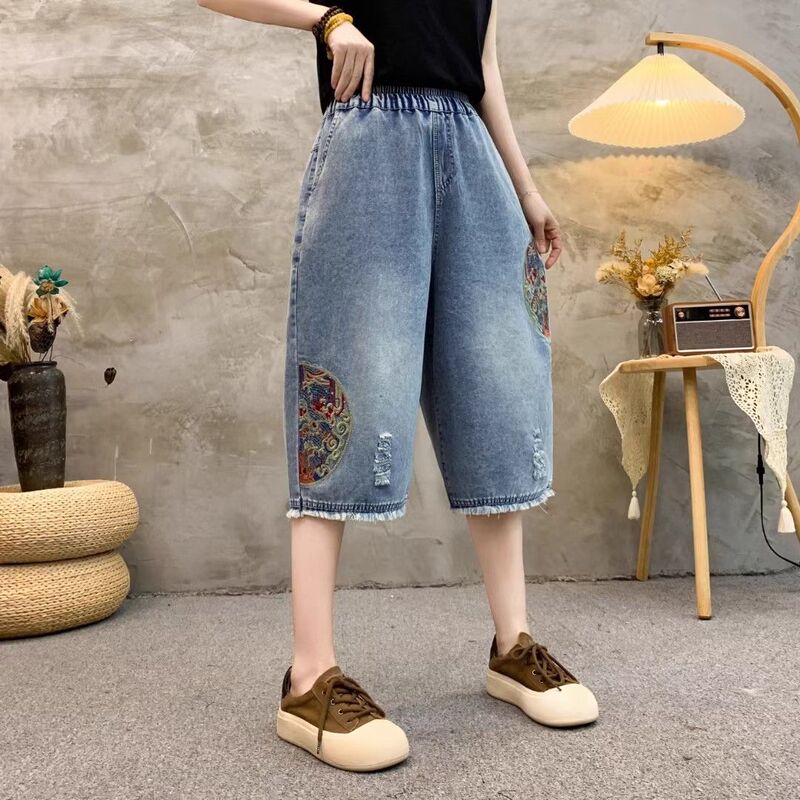 Summer new women's denim cropped pants, new Chinese style, national style embroidery, elastic waist, thin, loose, plus size, straight-leg pants, trendy