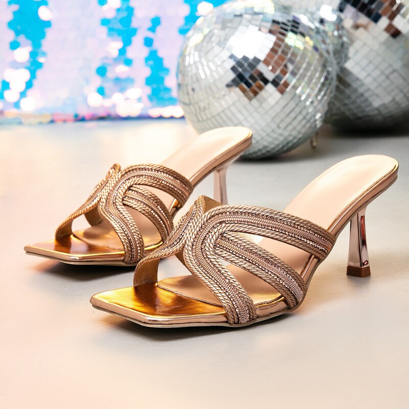 2026 New Style Silver and Gold Rhinestone Woven High-Heeled Sandals for Women, Thin Heel, Open Toe, Fashionable, Versatile Party Mules