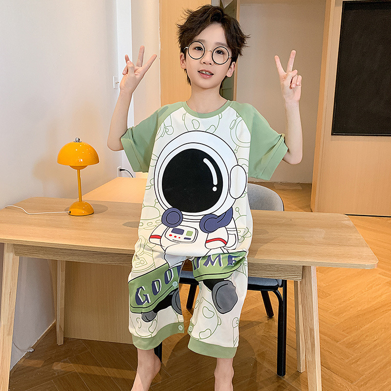 Children's One-Piece Pajamas for Boys Summer Pure Cotton Thin Air-Conditioned Anti-Kick Jumpsuit for Boys and Babies Short-Sleeved Home Clothes