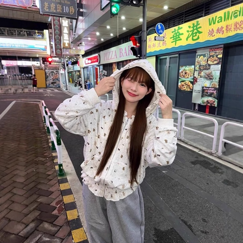 美式辣妹满印褶皱木耳边连帽卫衣女秋季新款薄款慵懒宽松短款外套|undefined