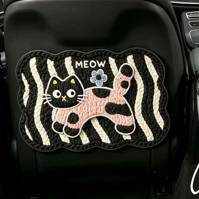 Woven Zebra Pattern Dog and Cat Cute Car Interior Children's Anti-Kick Mat Cartoon Car Seat Back Anti-Kick Mat Cartoon (Chair back anti-kick pad) - woven-texture-short-anti-kick-pad-black-cat-one